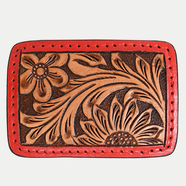 ADBLF103-BU Tooled Leather Floral Belt Buckle with Red Trim