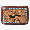ADBLF108-BU Hand-Tooled Floral Leather Belt Buckle with Blue Mosaic Border