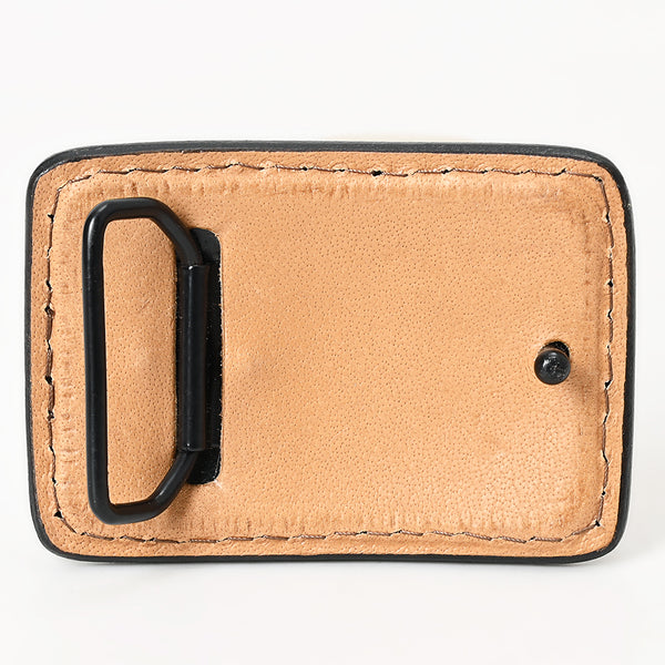 ADBLF110-BU Hand-Tooled Leather Belt Buckle - Western Floral with Turquoise Accents