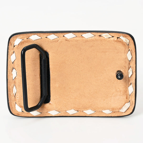 ADBLF137-BU Hand Tooled Leather Belt Buckle - Western Floral Scroll Design with Green Background and White Diamond Border