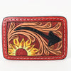 ADBLF140-BU Hand Tooled Leather Belt Buckle - Black Arrow & Sunflower with Red Border and Western Scroll