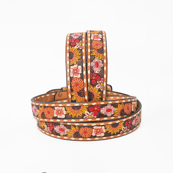 LC-ADBLF183 Colorful Handtooled Western Leather Belt - Wildflower Garden with Matching Buckle