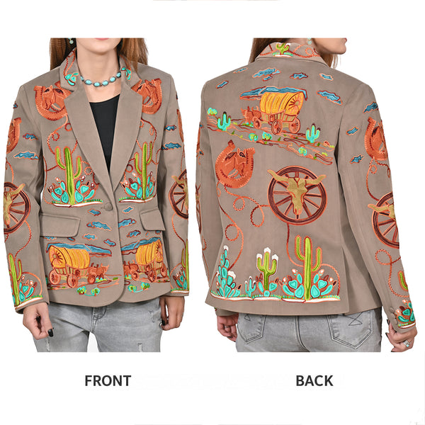 ADBZ070 American Darling Grey Fabric Blazer Jacket Western Wagon Cactus Embroidery