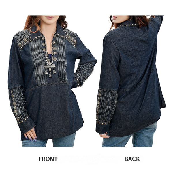 ADDR001 American Darling Western Denim Tunic Top Studded Pleated Shirt