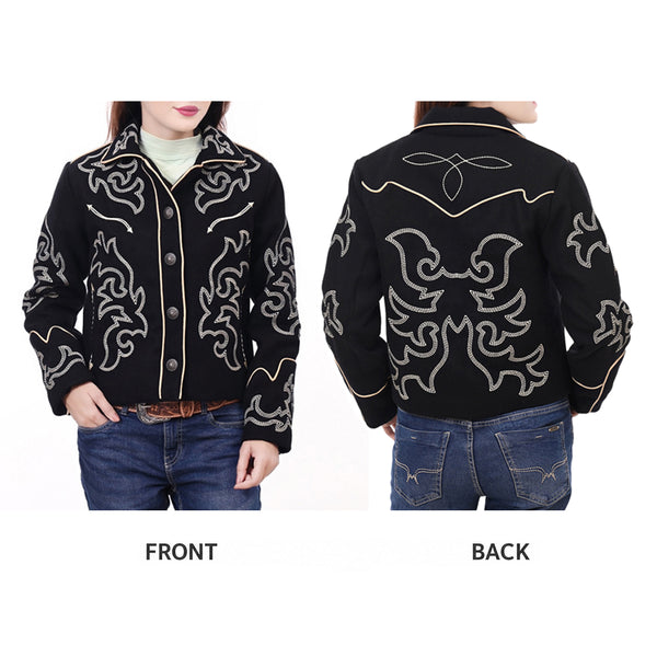 ADJKT064 Women Western Style Woolen Jacket with Embroidered Detailing