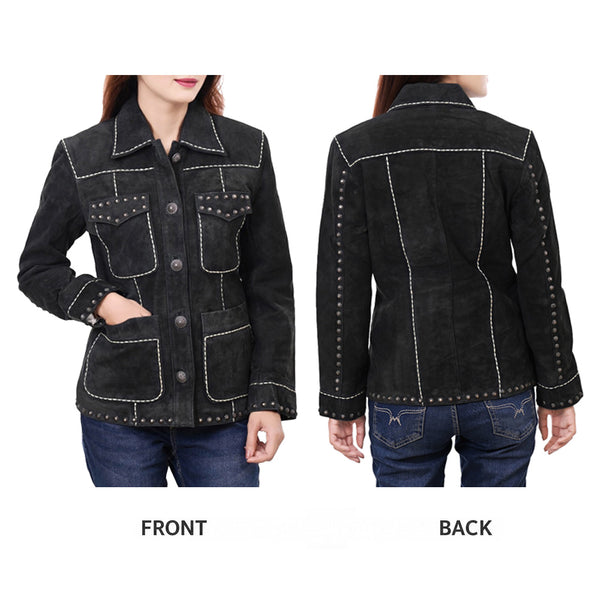 ADJKTLTR018 American Darling Genuine Leather Studded Western Button Down Jacket