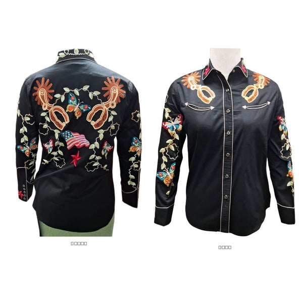 ADSH047 American Darling Black Western Apparel - Embroidered Cotton Satin Butterfly Shirt