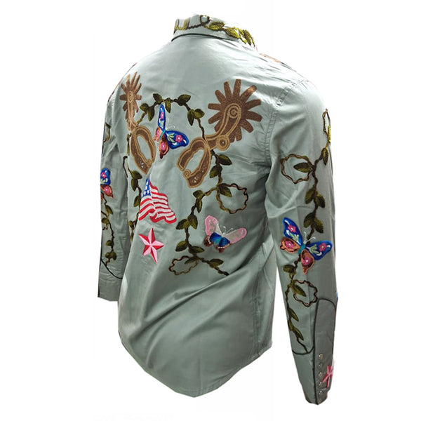 ADSH048 American Darling Saga Green Western Apparel - Embroidered Cotton Satin Butterfly Shirt