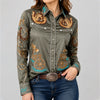ADSH056 American Darling Saga Green Western Apparel - Embroidered Cotton Twill Horseshoe Shirt