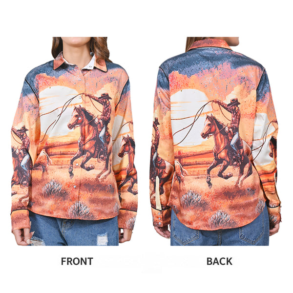 ADSH084 American Darling 100% Satin Cotton Western Rodeo Print Button Down Shirt