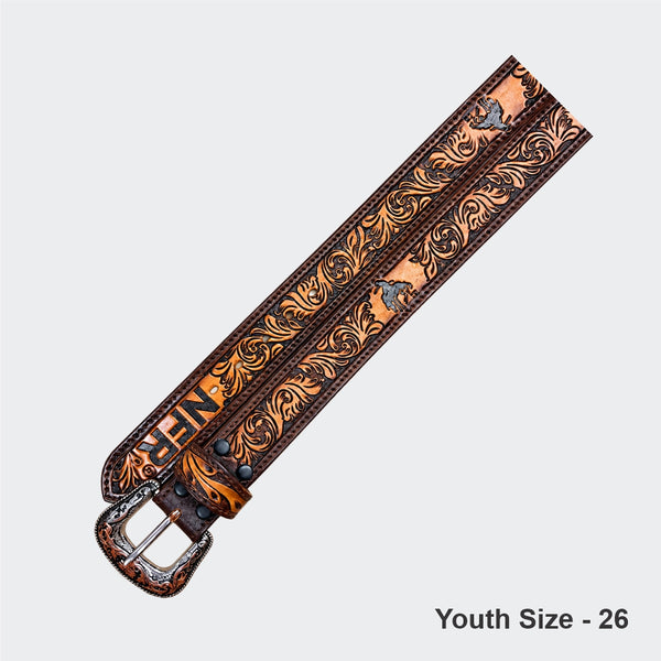 Official PRCA & NFR Licensed Collection® Full Grain Hand-Tooled Leather Floral Youth Belt