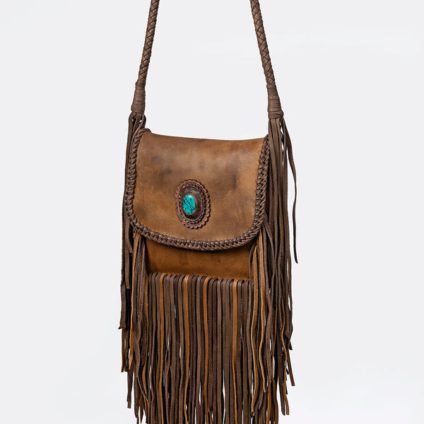 ADBGM250 Rustic Brown Leather Crossbody - Fringe Western Purse with Turquoise Concho
