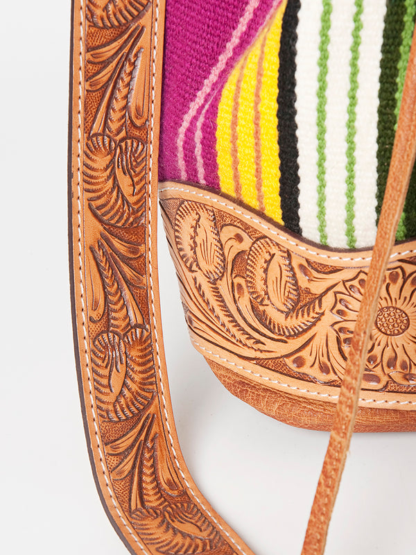 ADBG569 American Darling Hand Tooled Floral Leather & Woven Saddle Blanket Western Bucket Bag