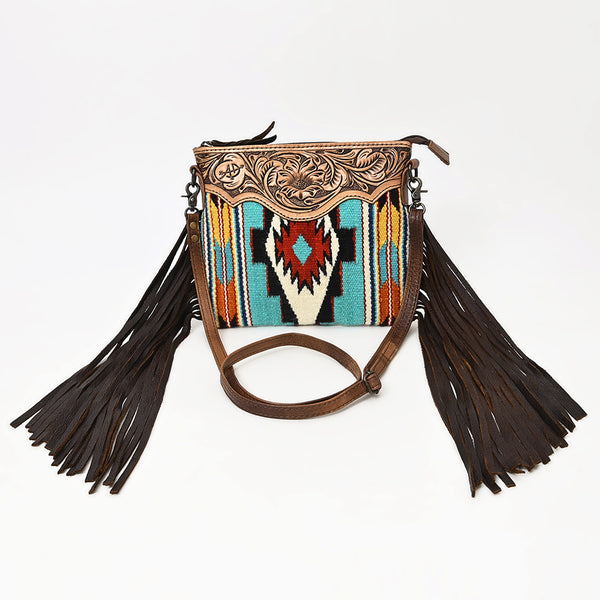 ADBG236 American Darling Woven Saddle Blanket Tooled Leather Fringe Crossbody