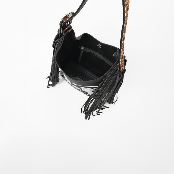 Official PRCA & NFR Licensed Collection® Tooled Leather Strap White Embroidered Graphic Fringe Shoulder Bag