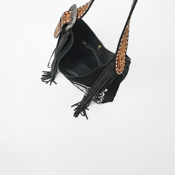 Official PRCA & NFR Licensed Collection® Floral Hand-Tooled Leather Strap Equestrian Graphic Fringe Shoulder Bag