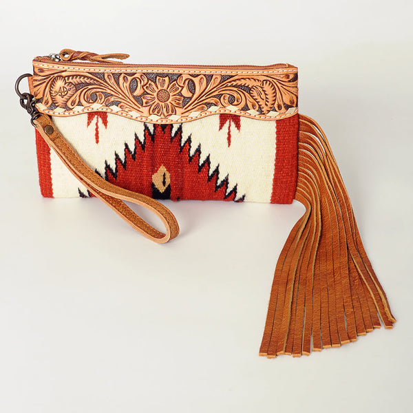 ADBG344 American Darling Aztec Saddle Blanket Tooled Leather Fringe Wristlet Clutch