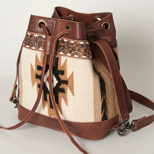 ADBG862 American Darling Hand Tooled Floral & Hand-Woven Saddle Blanket Leather Bucket Bag