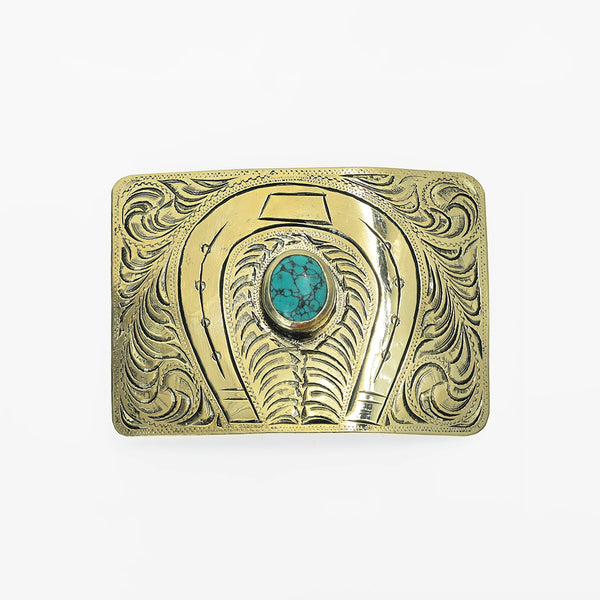 ADBKV108 Hand Engraved German Silver Horseshoe Western Belt Buckle with Turquoise Stones