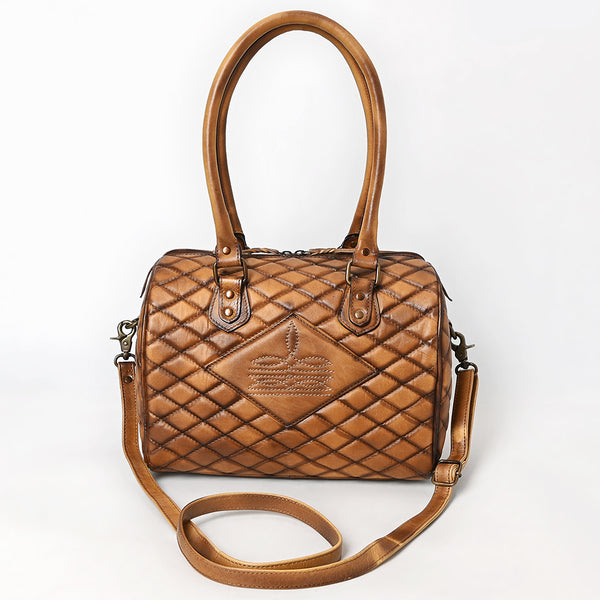 ADBGM596 Quilted Chestnut Brown Genuine Leather Barrel Duffel bag with Dual Handles & Strap