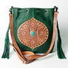 LC-ADBGZ477 Emerald Green Leather Bucket Bag with Hand-Tooled Floral Patch & Turquoise Accent