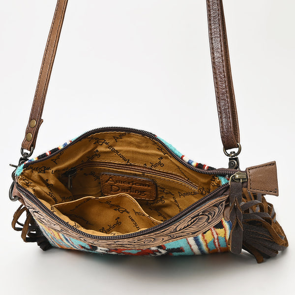 ADBG236 American Darling Woven Saddle Blanket Tooled Leather Fringe Crossbody