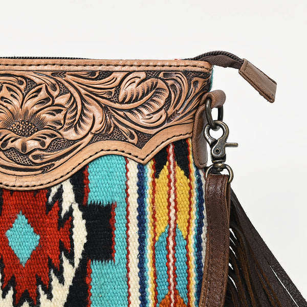 ADBG236 American Darling Woven Saddle Blanket Tooled Leather Fringe Crossbody