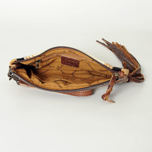ADBG344 American Darling Aztec Saddle Blanket Tooled Leather Fringe Wristlet Clutch