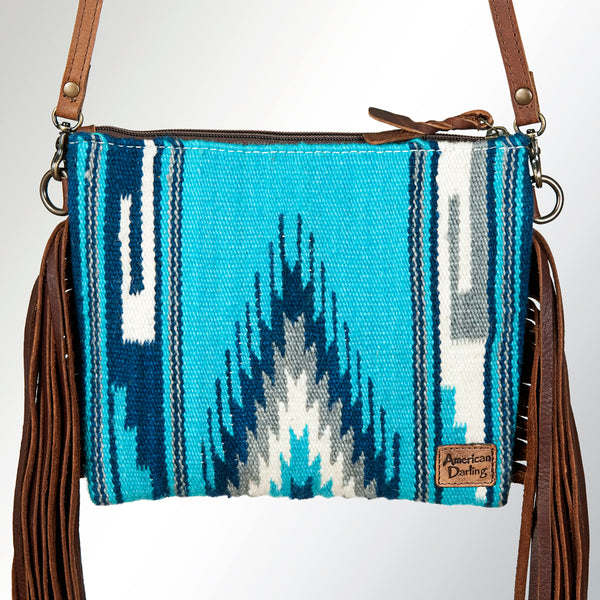 ADBG236 American Darling Woven Saddle Blanket Tooled Leather Fringe Crossbody