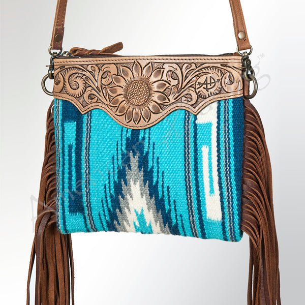 ADBG236 American Darling Woven Saddle Blanket Tooled Leather Fringe Crossbody