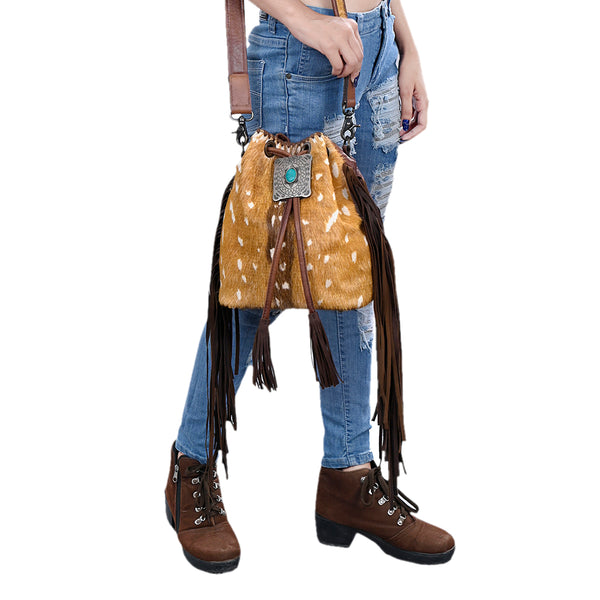 ADBG1272 American Darling Hair-On Cowhide Bucket Bag -Western Fringe Purse