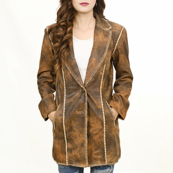 LC-ADJKT033 Women's Rustic Distressed Leather Blazer Coat & Beaded Accents