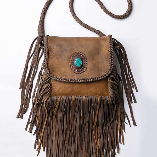 ADBGM250 Rustic Brown Leather Crossbody - Fringe Western Purse with Turquoise Concho