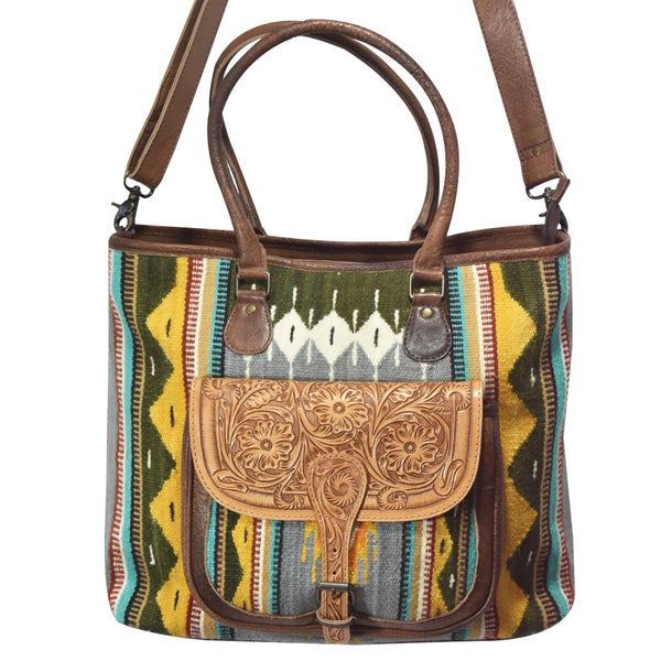 ADBG882 American Darling Western Tote Bag with Hand Tooled Floral and Hand-Woven Saddle Blanket