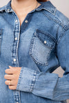 LC-ADSH026 Women's Light Wash Western Denim Shirt with Hand-Tooled Black Backed Floral Leather Yoke