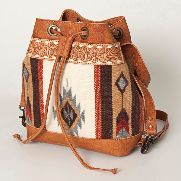 ADBG862 American Darling Hand Tooled Floral & Hand-Woven Saddle Blanket Leather Bucket Bag