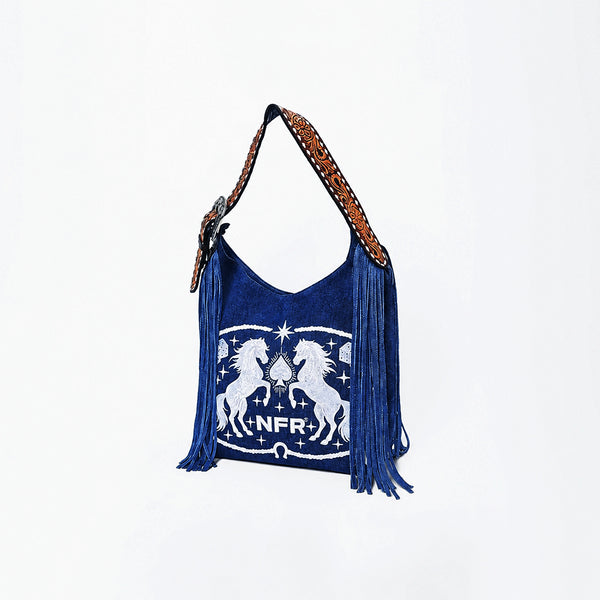 Official PRCA & NFR Licensed Collection® Floral Hand-Tooled Leather Strap Equestrian Graphic Fringe Shoulder Bag
